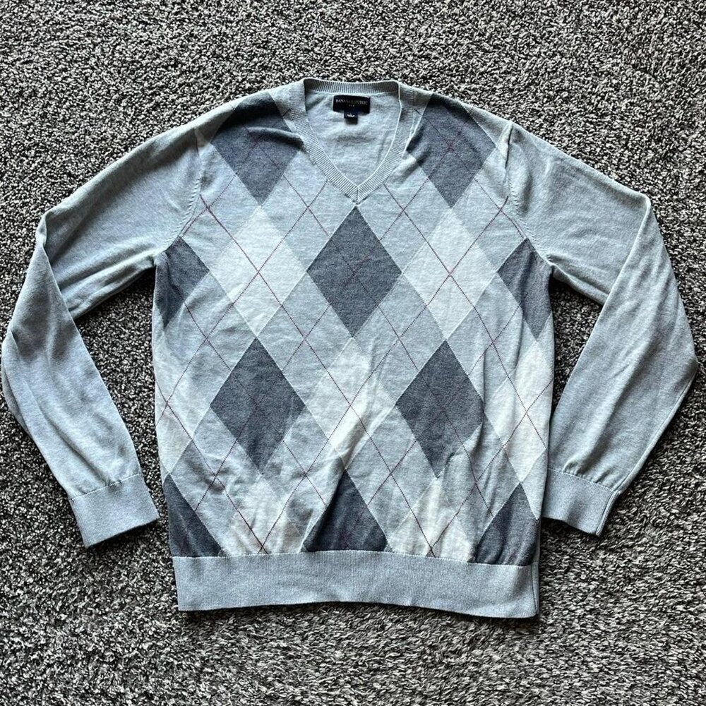 Banana Republic Sweater Mens Large Gray Argyle V Neck 100% Cotton‎ Business Top